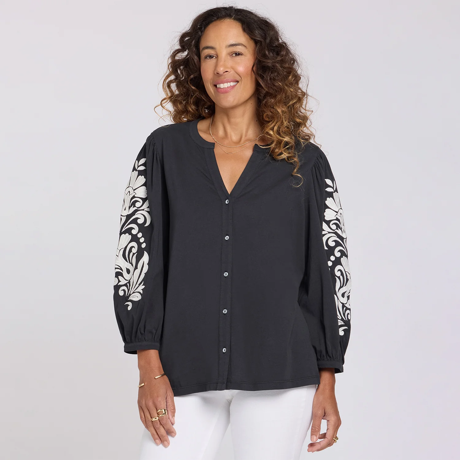 Embroidered Knit Blouse - Black Ivory - Image 6