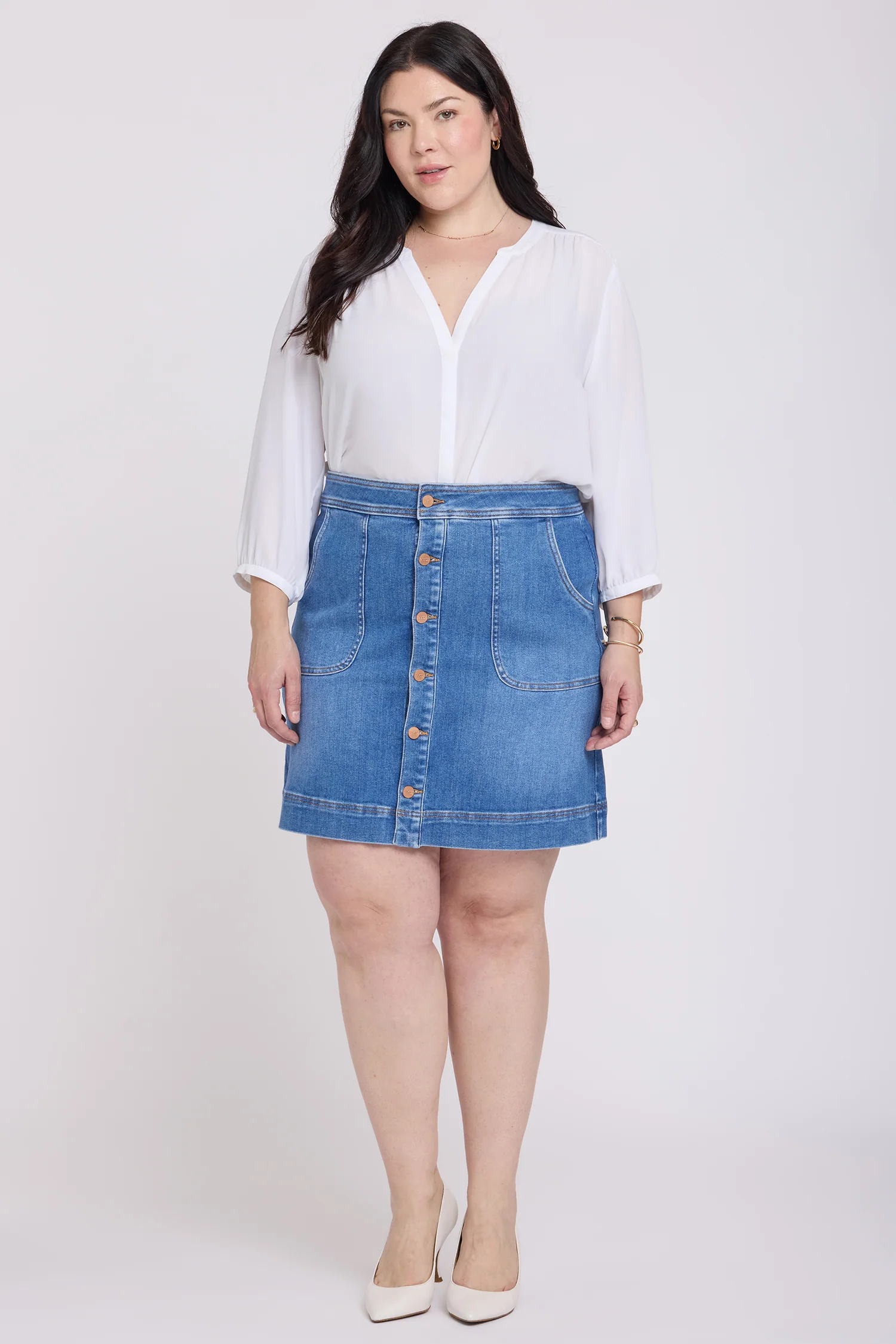 High Rise A-Line Utility Denim Skirt In Plus Size - Blue Paradise