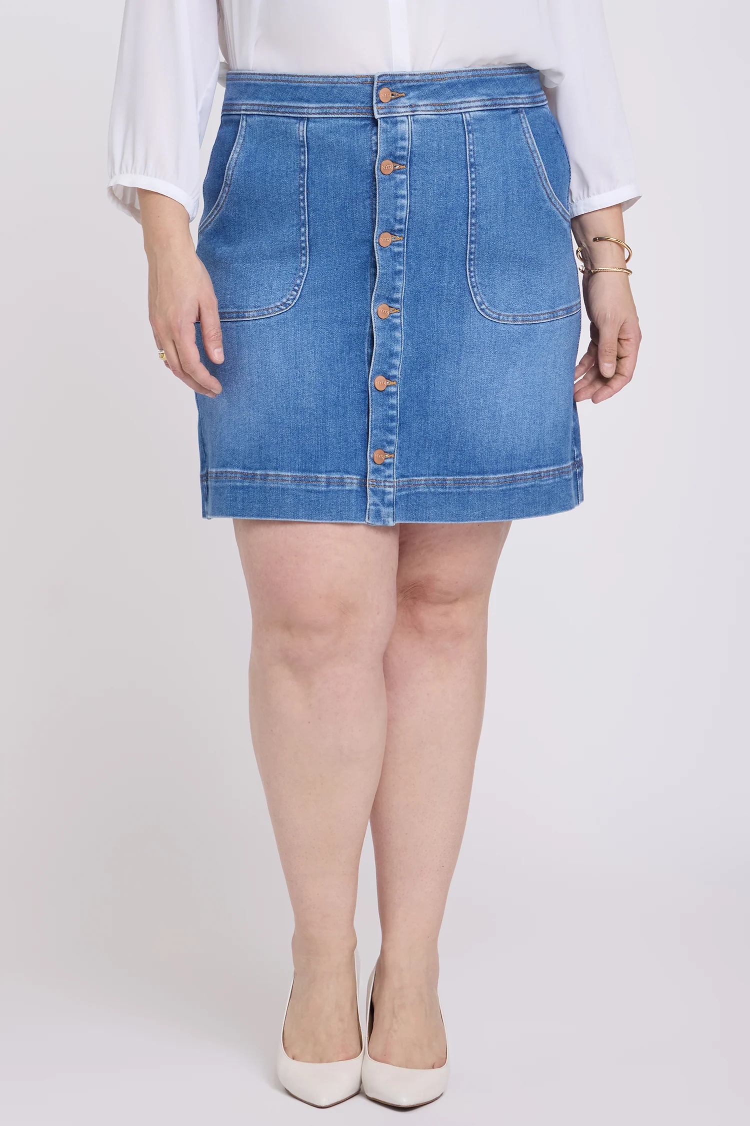 High Rise A-Line Utility Denim Skirt In Plus Size - Blue Paradise - Image 4