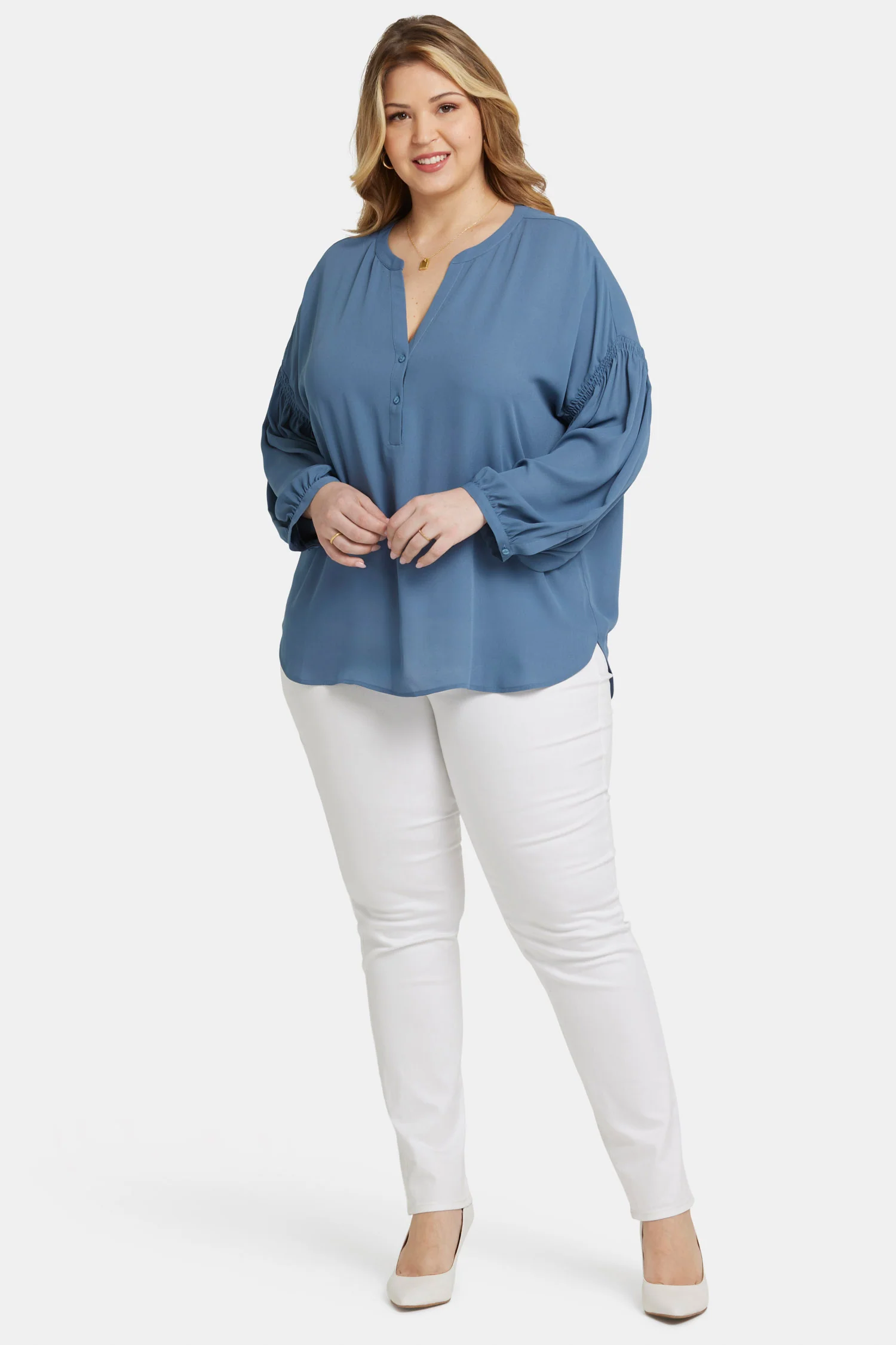 Paulina Peasant Blouse In Plus Size - Blue Stone - Image 5