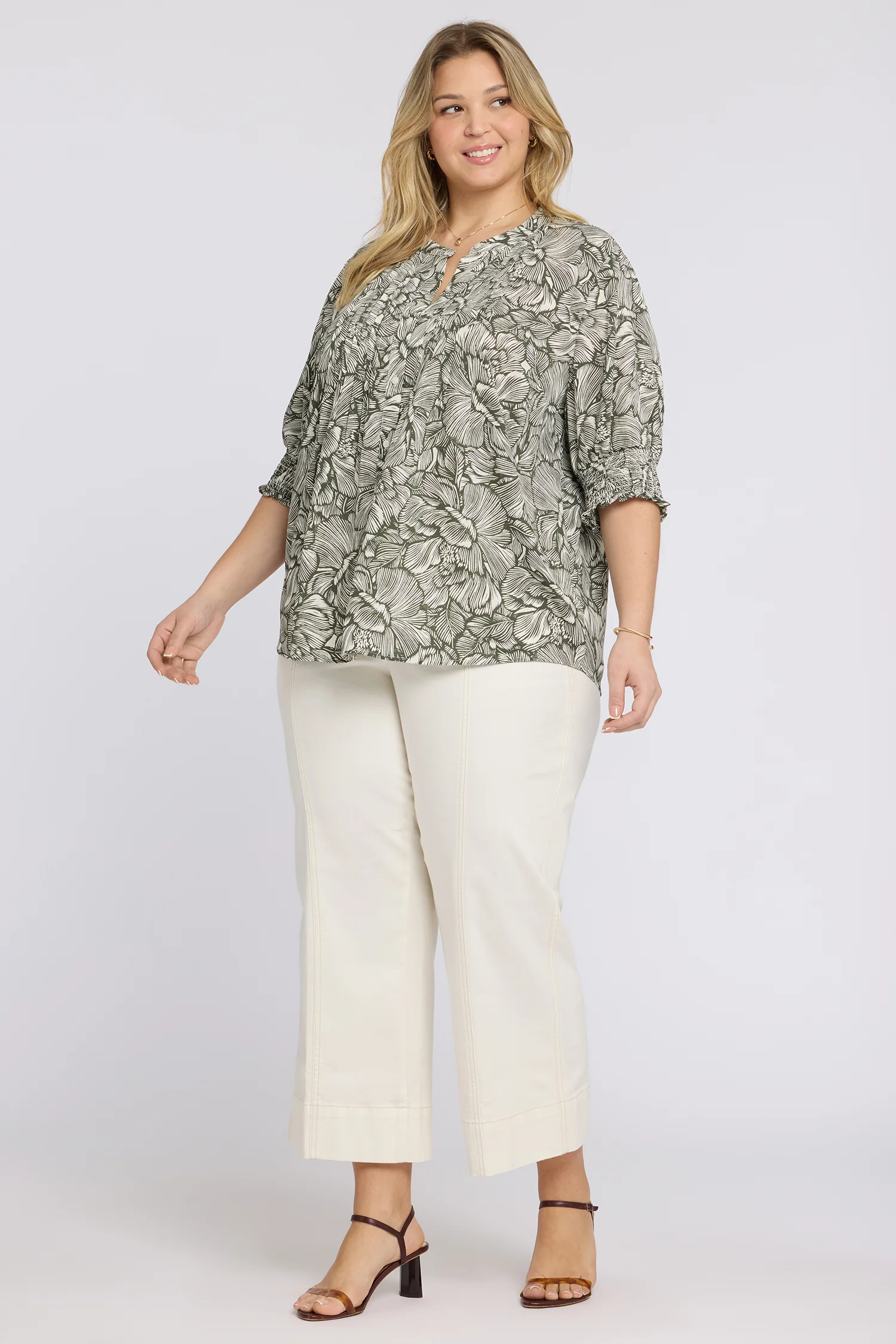 Pleated Short Sleeved Blouse In Plus Size - Leafy Rose - Image 4