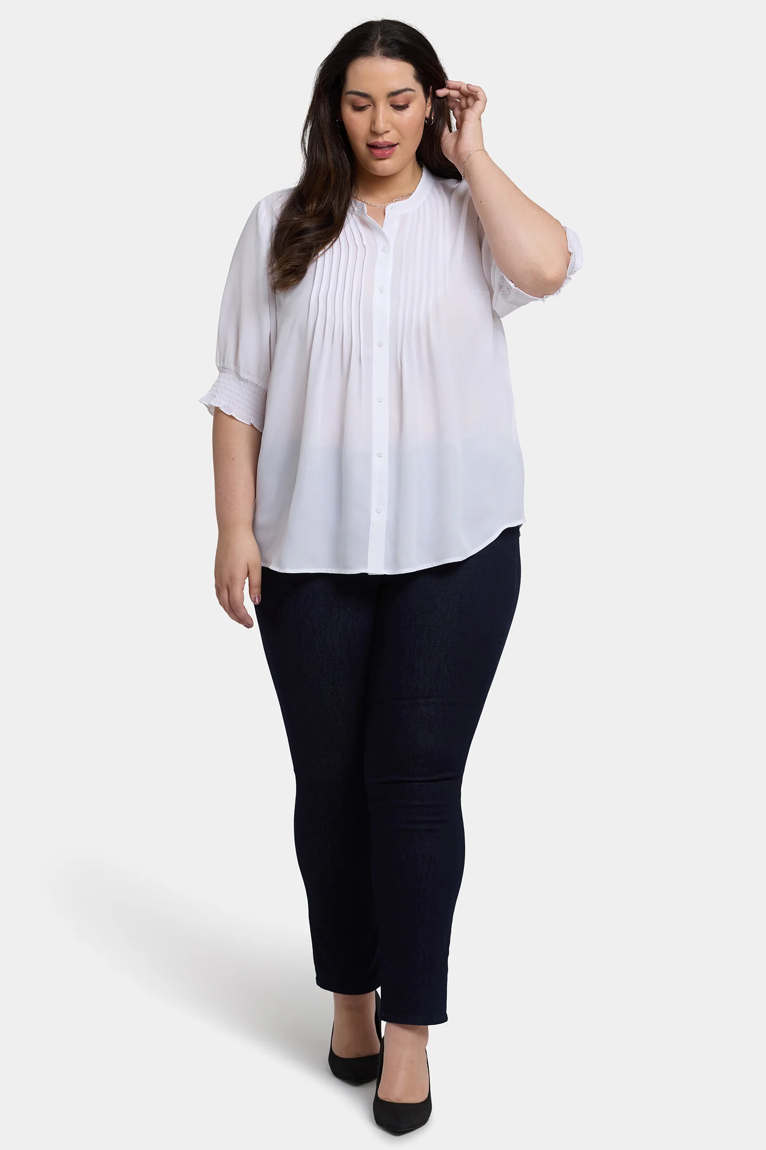 Pleated Short Sleeved Blouse In Plus Size - Optic White - Image 4