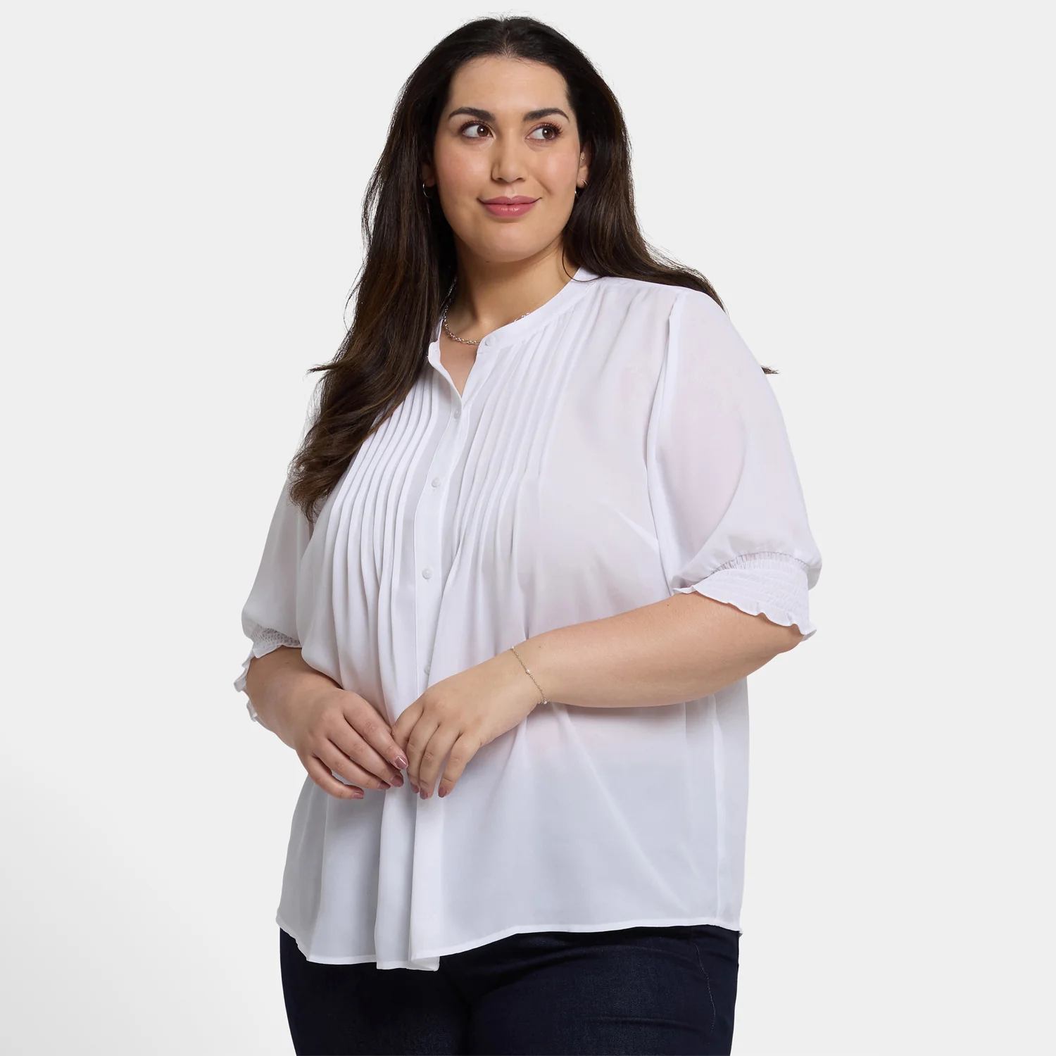 Pleated Short Sleeved Blouse In Plus Size - Optic White - Image 6