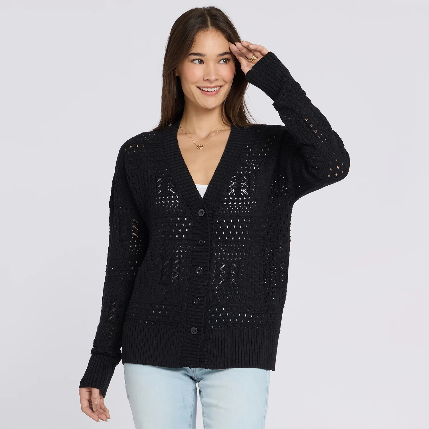 Pointelle Cardigan - Black - Image 5