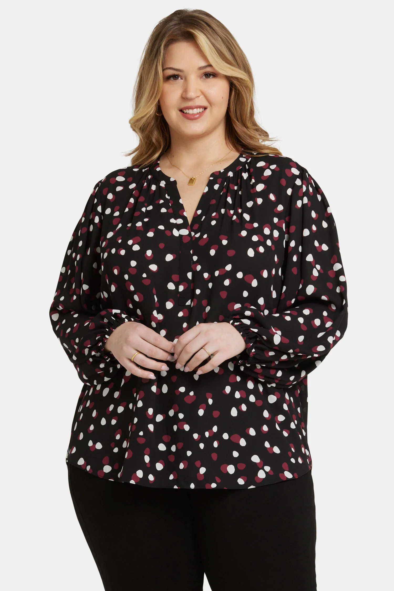 Puff Sleeve Popover Top In Plus Size - Watkins Dot - Image 4