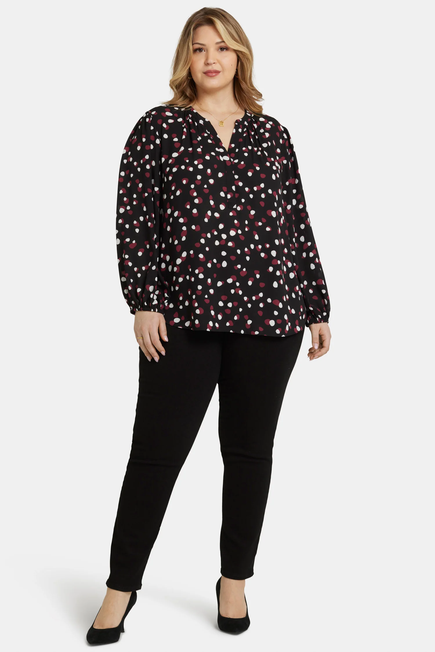 Puff Sleeve Popover Top In Plus Size - Watkins Dot - Image 5