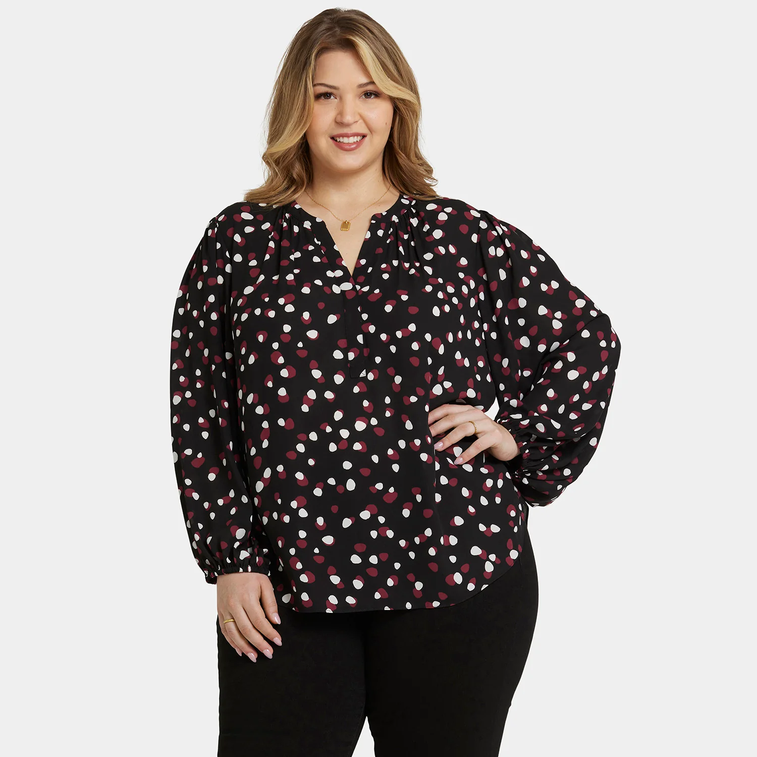 Puff Sleeve Popover Top In Plus Size - Watkins Dot - Image 7