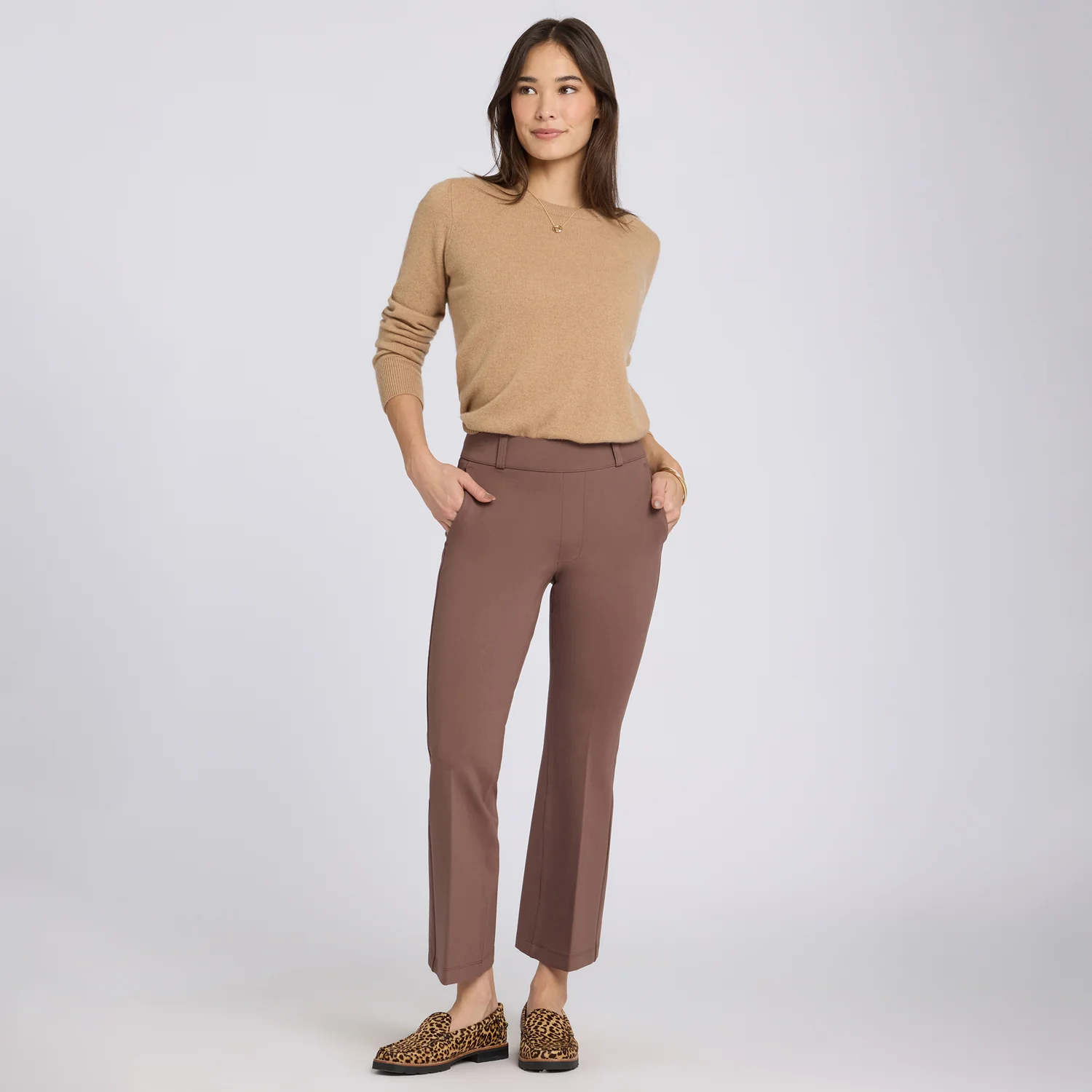 Pull-On Flared Ankle Trouser Pants - Deep Taupe - Image 6