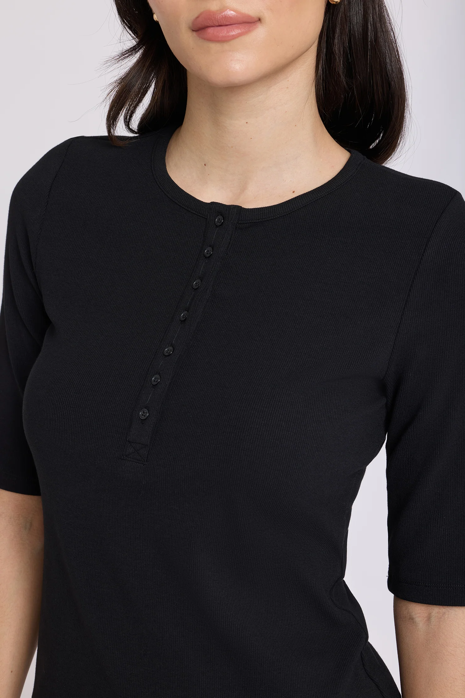 Ribbed Elbow Sleeved Henley - Black - Image 5
