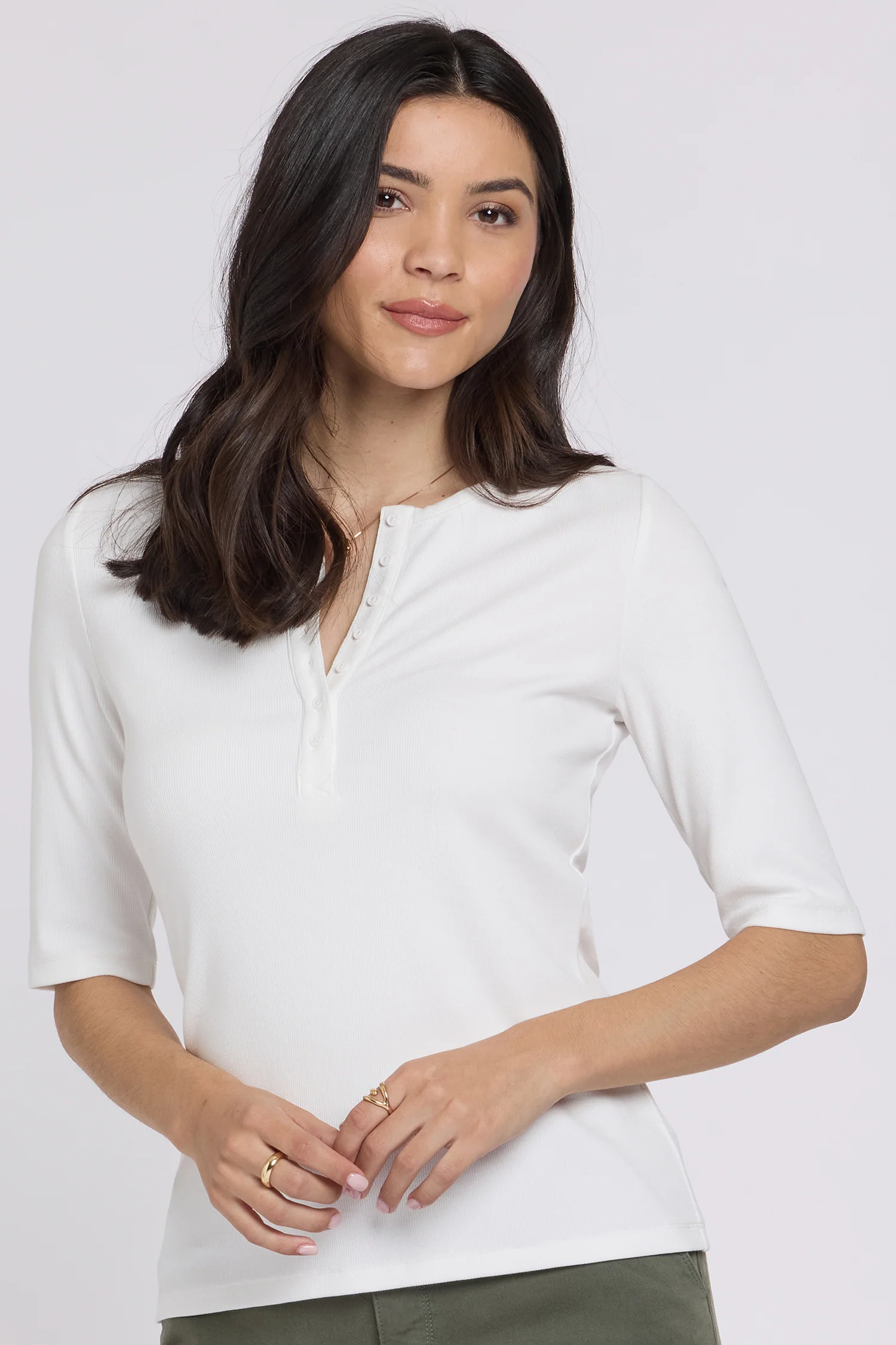 Ribbed Elbow Sleeved Henley - Optic White - Image 5