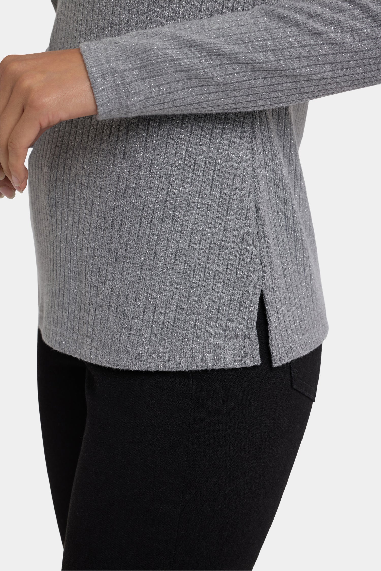 Shimmer Rib Knit Henley Top - Heather Grey - Image 5
