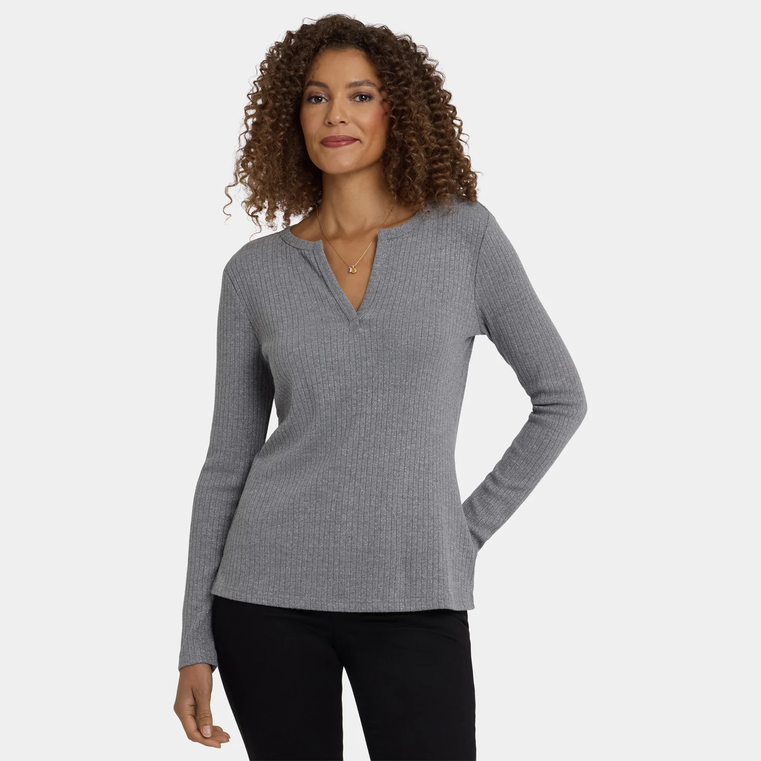 Shimmer Rib Knit Henley Top - Heather Grey - Image 7