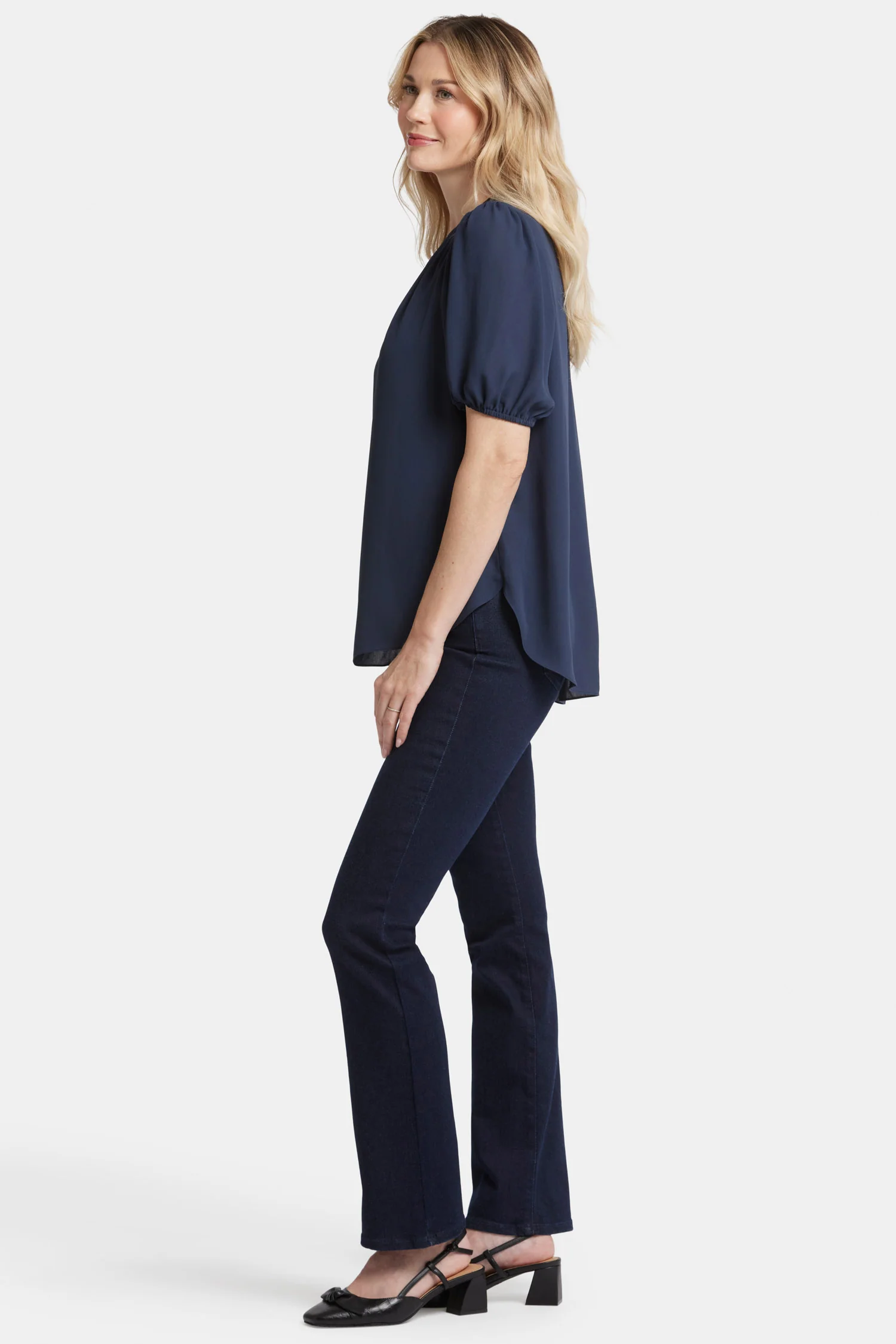 Short Puff Sleeve Popover Top - Oxford Navy - Image 3