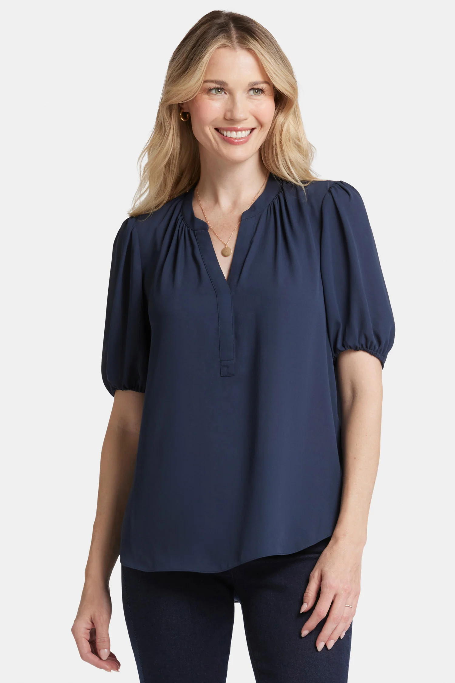 Short Puff Sleeve Popover Top - Oxford Navy - Image 4