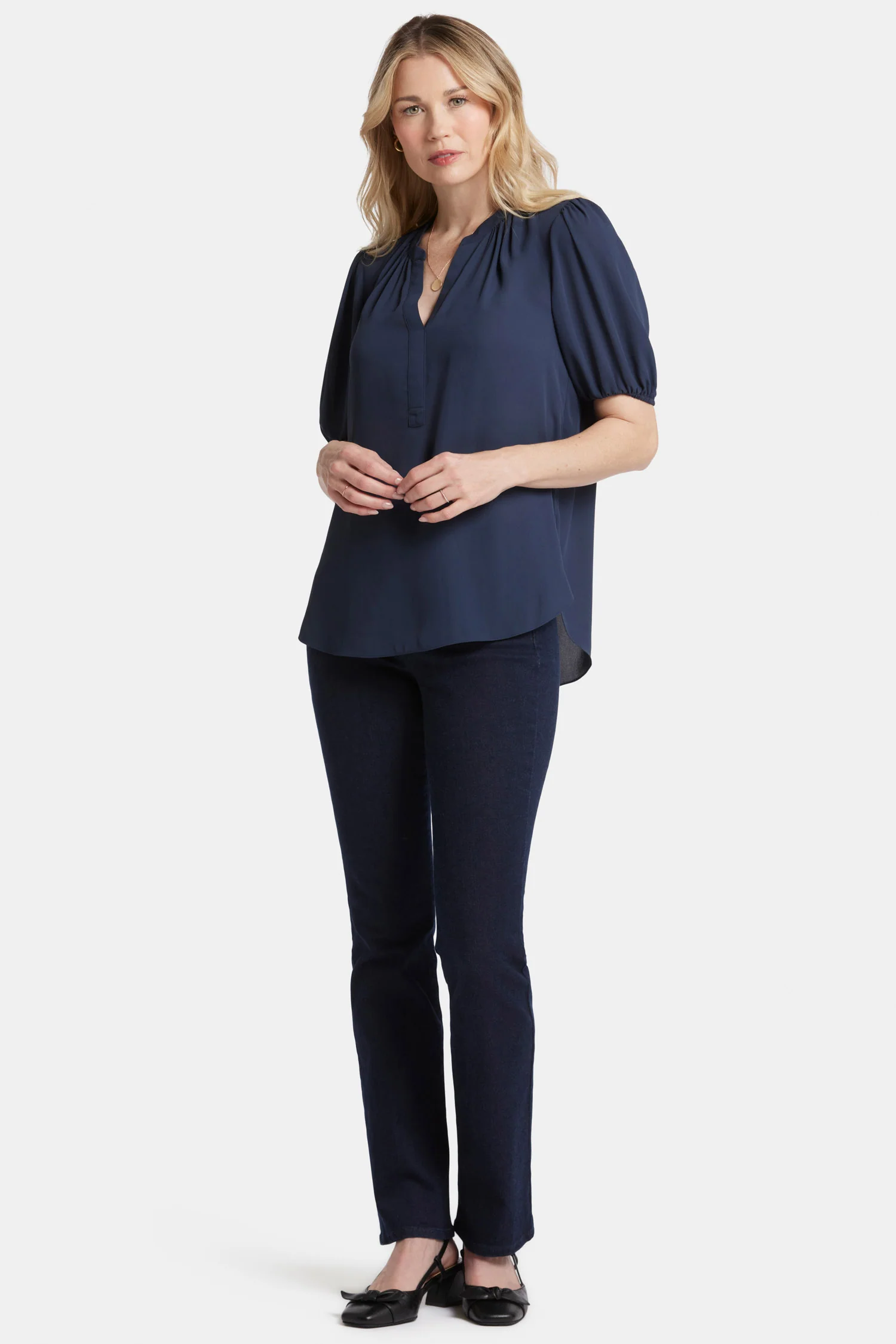 Short Puff Sleeve Popover Top - Oxford Navy - Image 5