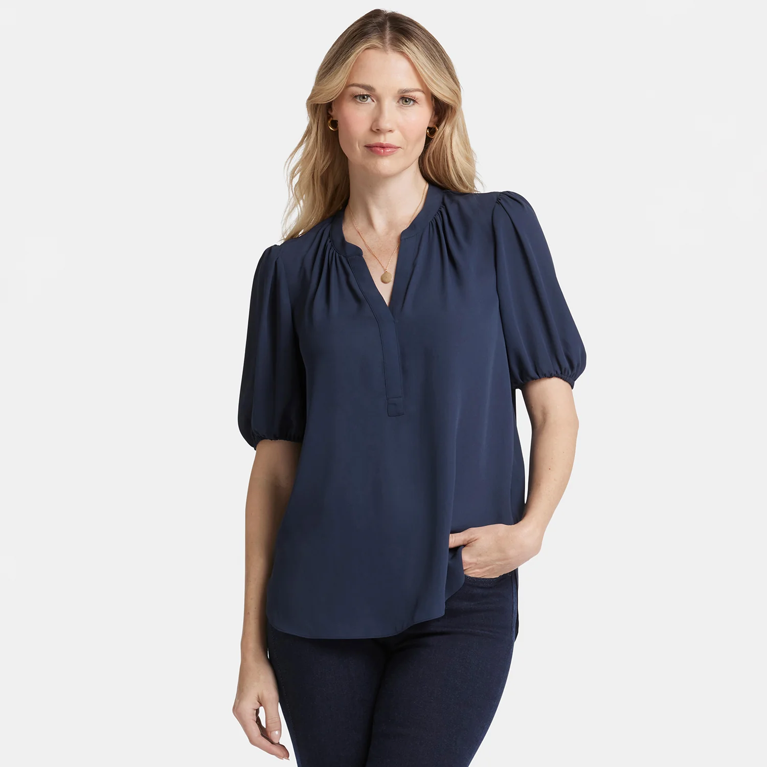 Short Puff Sleeve Popover Top - Oxford Navy - Image 7