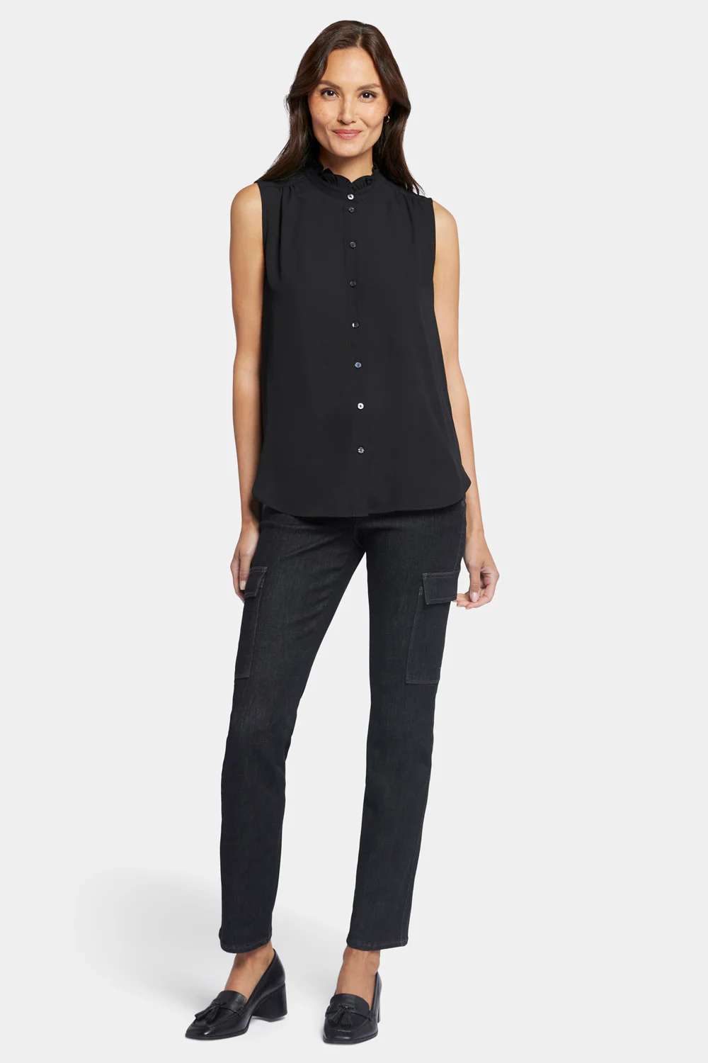 Sleeveless Ruffle Neck Blouse - Black - Image 5