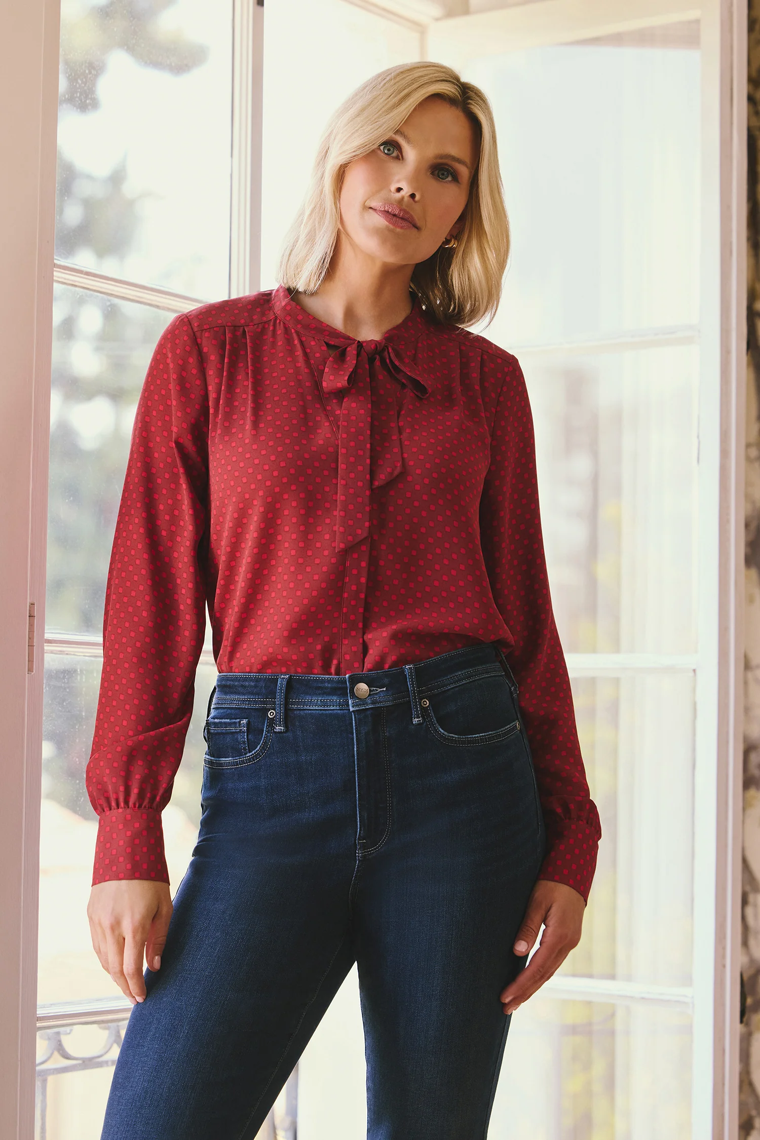 Tie-Neck Blouse - Claret Dots - Image 2