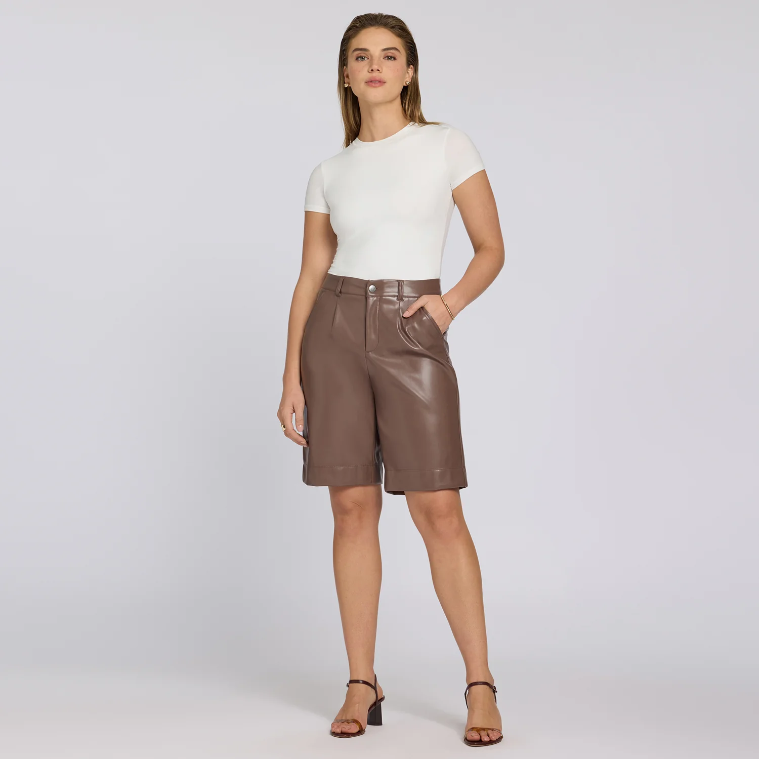 Vegan Stretch Leather Relaxed Bermuda Shorts - Deep Taupe - Image 6