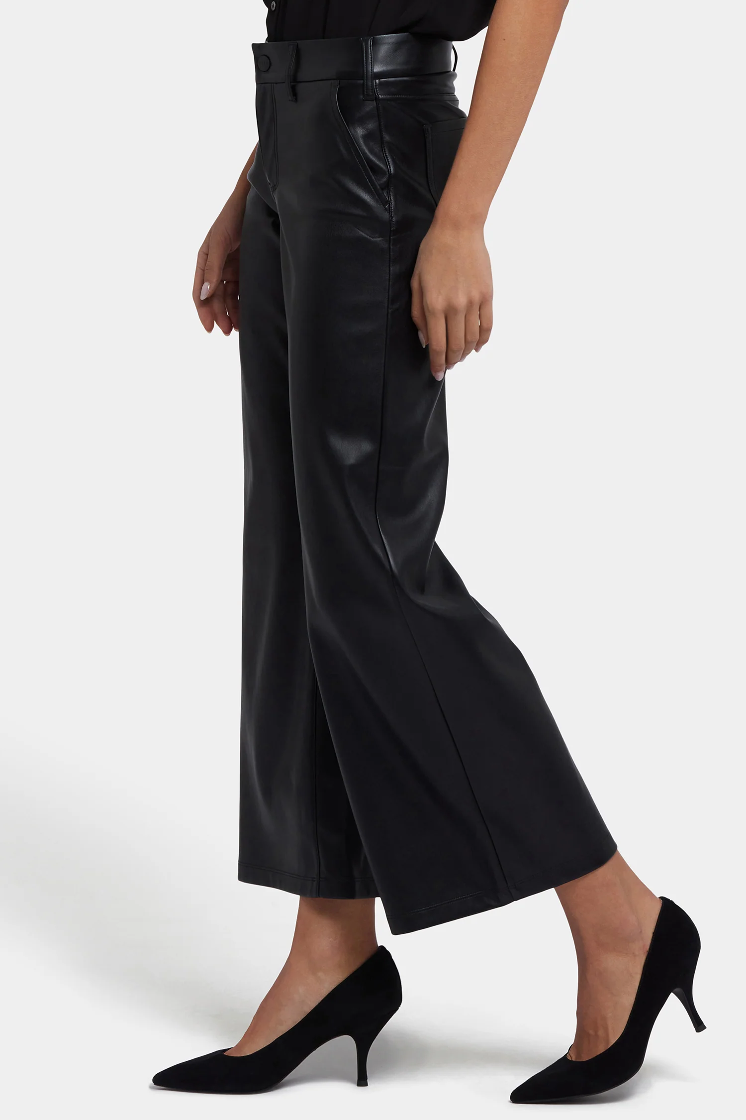 Vegan Stretch Leather Wide Leg Trouser Pants - Black - Image 3