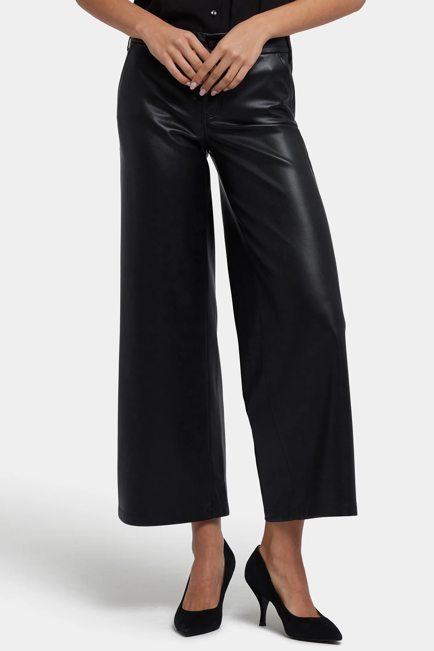Vegan Stretch Leather Wide Leg Trouser Pants - Black - Image 4