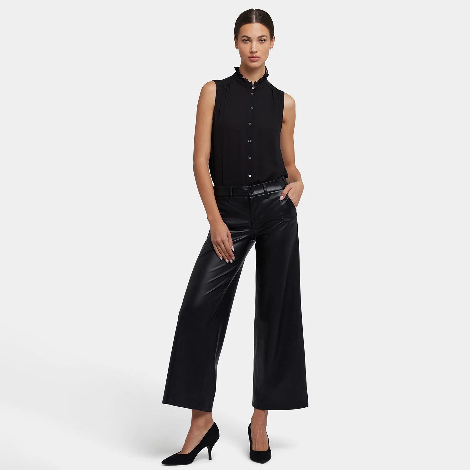 Vegan Stretch Leather Wide Leg Trouser Pants - Black - Image 7
